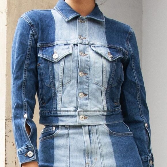Proenza Schouler White Label PSWL Two-tone Light Wash Denim Paneled Jean Jacket - Picture 1 of 8